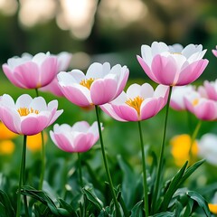 Obraz premium A beautiful scene of pink tulips blooming in a lush green garden, showcasing nature's vibrant colors and delicate petals.