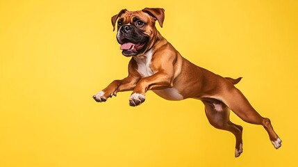 Energetic Brown Dog Jumping Happily Against Yellow Background