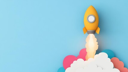 Lightbulb with a rocket launching from inside, ideas taking flight, flat design illustration