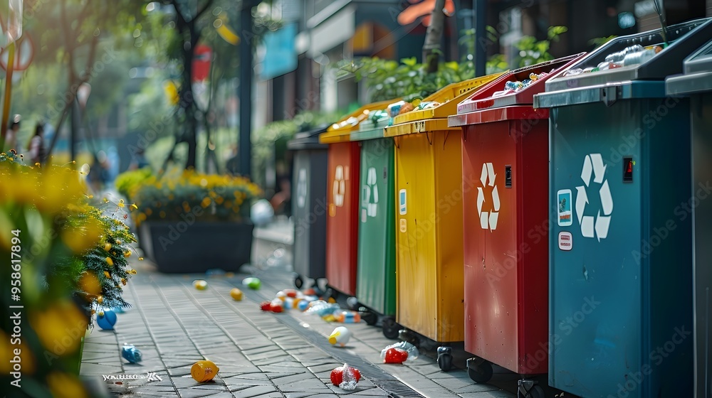 Poster automated smart waste management system with sensor enabled bins in urban cityscape