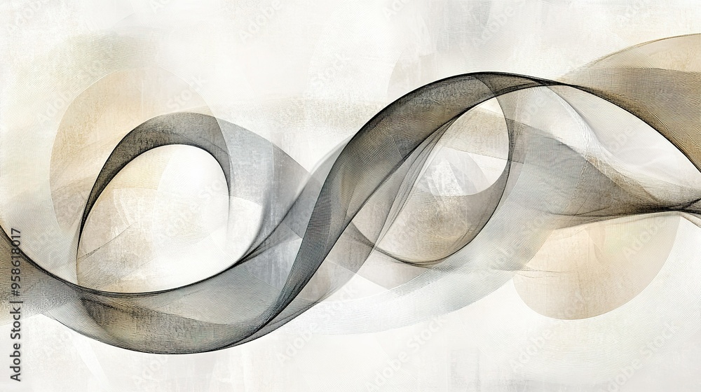 Poster abstract flowing lines in soft gray tones create a serene composition on a light background, evoking