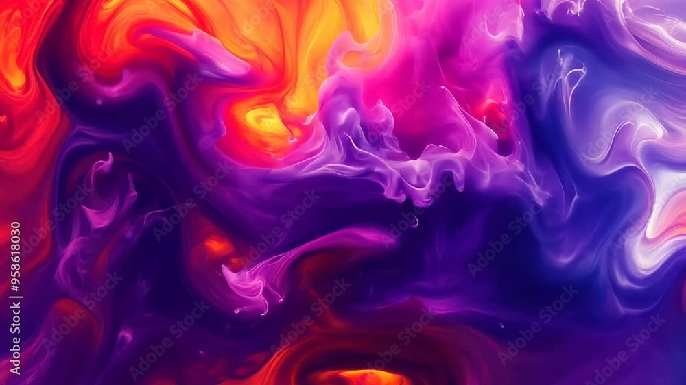 Poster a vibrant abstract swirl of purple, orange, and red colors creating a dynamic visual effect.