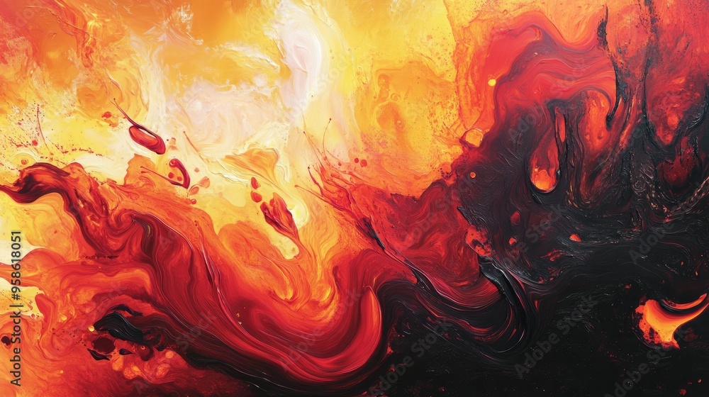 Wall mural abstract painting with swirling red, orange, and black paint