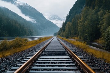 Fototapeta premium Railway tracks stretch through a misty valley, with mountains in the background. This image symbolizes exploration and the journey ahead in a stunning natural setting.