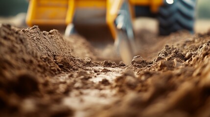 Naklejka premium A time-lapse of workers digging a trench, detailed soil layers, and bright machinery, captured in a dynamic, industrial style with vivid colors and sharp contrasts.