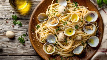 Spaghetti alle Vongole presented on a rustic wooden table, with a drizzle of olive oil