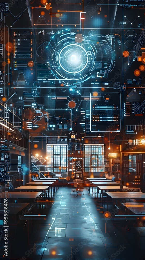 Poster futuristic smart school with interactive digital classrooms representing tech driven education and s
