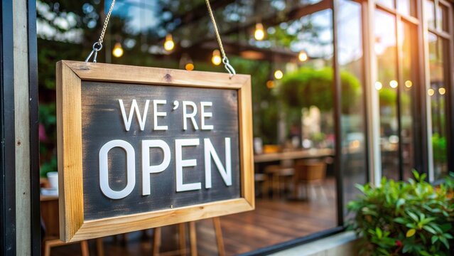inviting, A stock photo depicting a signboard displaying the words We are Open positioned outside a shop restaurant or coffee shop as viewed from a bird s eye perspective