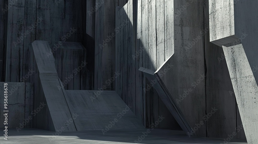 Poster Dramatic concrete architecture in a stark, angular urban space highlighting modern design and shadow play during daylight