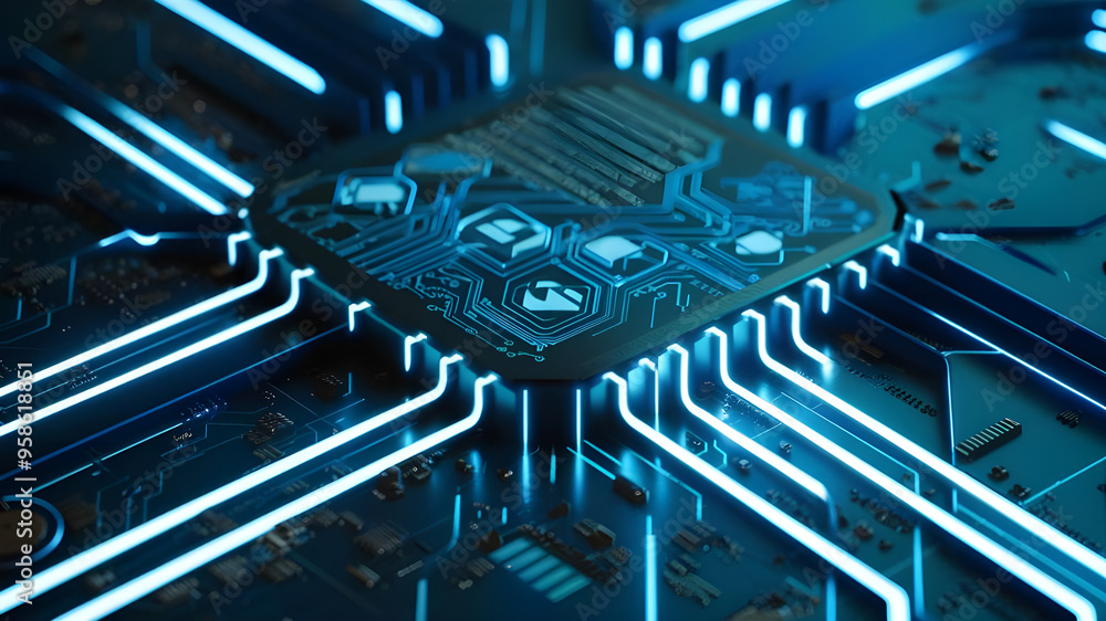 Poster futuristic circuit board with central processor. a captivating image of a complex circuit board, sho