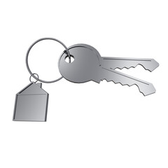 Two metal keys and a house-shaped pendant attached to a circular keyring are visible. İsolated PNG