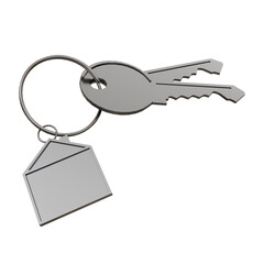Two metal keys and a house-shaped pendant attached to a circular keyring are visible. Isolated PNG
