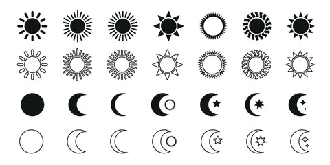 Sun and moon icon vector illustration set. Night icon of the moon with stars and sun icon, vector on white background. Black and white symbols, celestial design elements,  star, crescent phases. © Loya.art