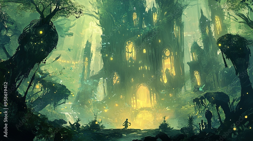 Poster a wanderer explores an enchanting, illuminated forest with ancient architecture at twilight, showcas