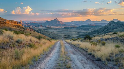 Obraz premium A stunning view of a meandering dirt road leading into a vast and breathtaking mountain landscape under a beautiful sky at sunset