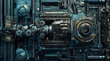Fototapeta premium Intricate Industrial Machinery with Interconnected Gears,Pistons,and Hydraulic Systems