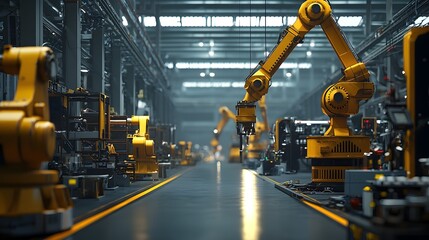 Fototapeta premium Synchronized Industrial Factory Floor with Heavy Machinery and Robotic Systems