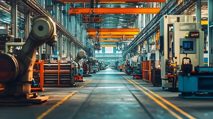Obraz premium Synchronized Factory Floor with Heavy Industrial Machinery and Robotic Systems