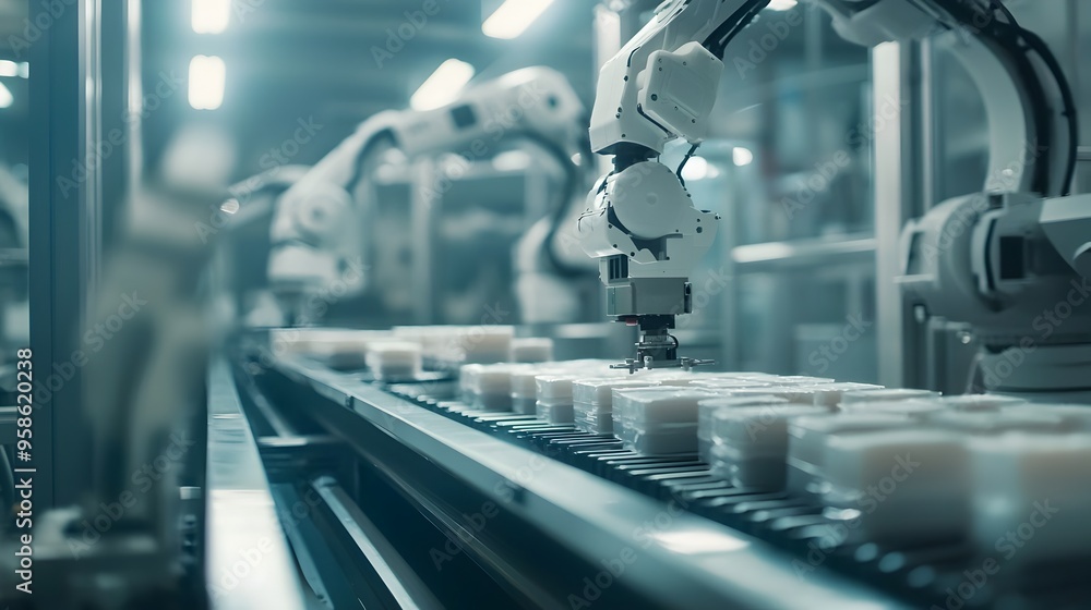 Poster robotic arms assembling products in advanced automated factory highlighting technology and