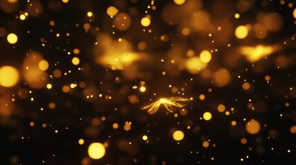 Obraz premium Twinkling golden lights on a dark backdrop evoke a magical, dreamlike atmosphere, with the soft glimmers creating warmth and wonder, perfect for night-time festive settings.
