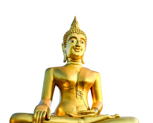 Isolated, golden Buddha statue in meditative pose, symbolizing peace, mindfulness, spiritual...