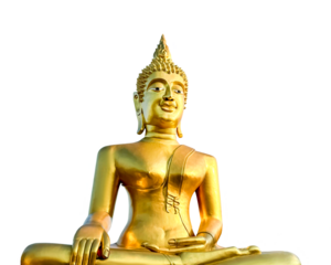 Isolated, golden Buddha statue in meditative pose, symbolizing peace, mindfulness, spiritual awakening. Perfect for themes related to meditation, wellness, Eastern philosophy, and holistic practices