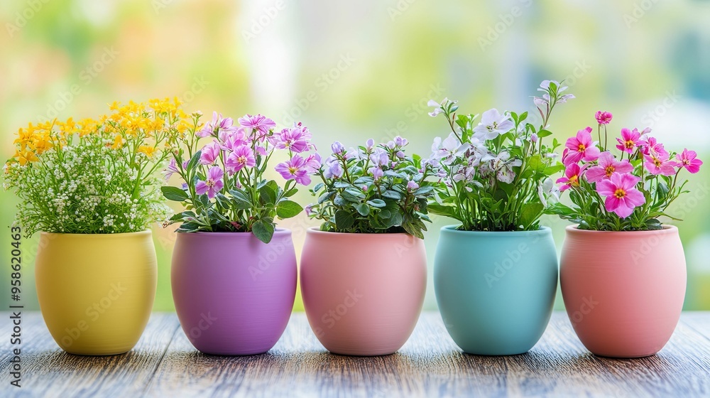 Wall mural Five Colorful Flower Pots With Spring Blooms On Wooden Table