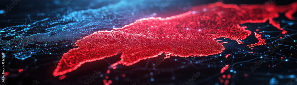 Poster a digital map displaying intricate network connections with bright red and blue lights, representing