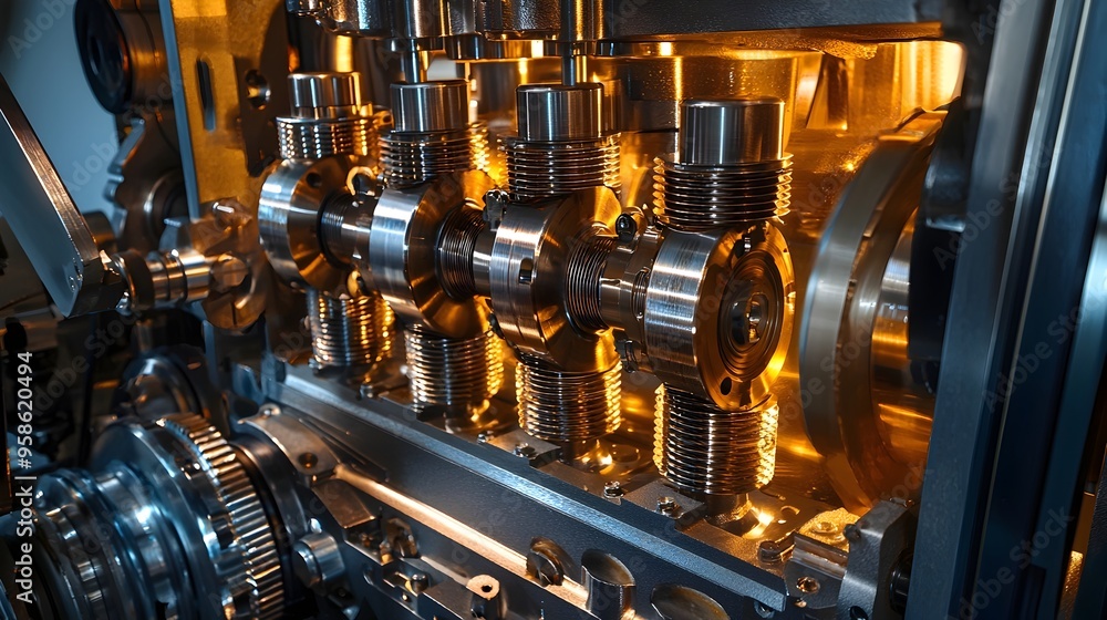 Poster detailed cross-section of precision engineered mechanical engine with internal machinery components