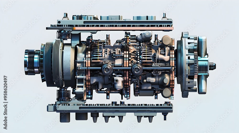Poster detailed cross-section of a mechanical engine displaying internal machinery and precision