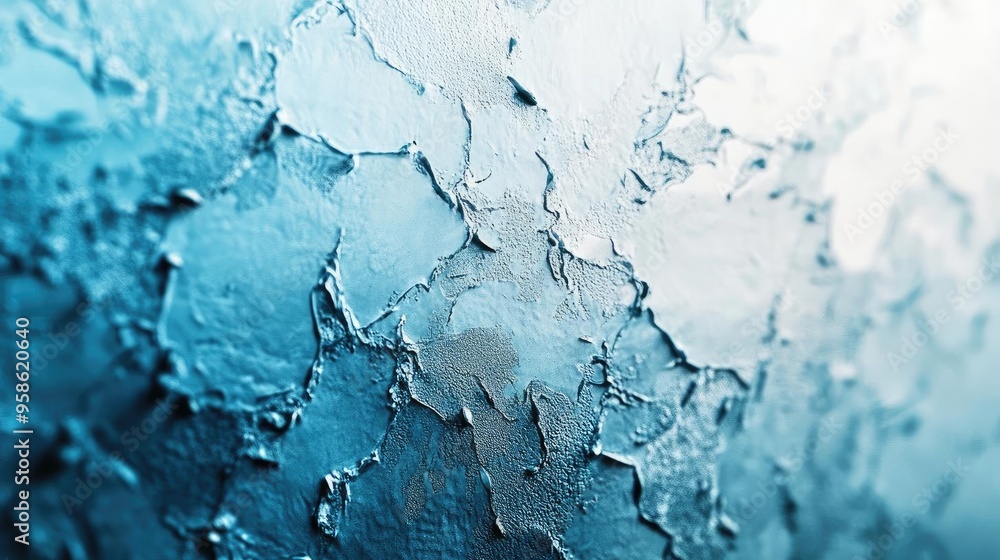 Poster close-up of textured blue surface with peeling layers, showcasing abstract patterns and gradients in