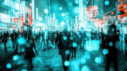 Crowd of people crossing a busy urban intersection in Tokyo at night with neon lights illuminating the vibrant atmosphere