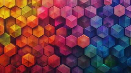 A rich, colorful abstract image composed of hexagonal shapes in varied hues, creating a stunning and dimensional pattern. The geometric composition is visually engaging and modern.