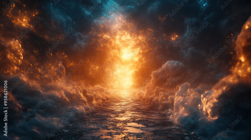 Poster a breathtaking surreal image depicting a fiery sky and a tranquil sea, merging in a mesmerizing disp