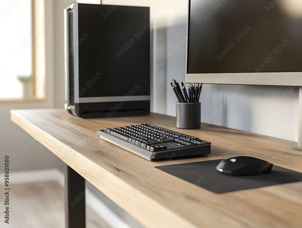 Poster minimalist workspace with desktop computer