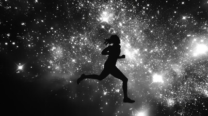 Obraz premium A silhouetted runner sprints dynamically against a breathtakingly vast starry cosmic background, capturing motion, energy, and the infinite nature of the universe.