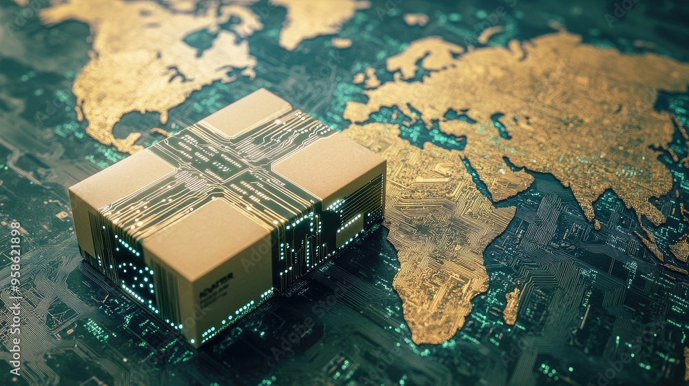 Poster a package with digital circuitry overlay on a world map, symbolizing the integration of technology i