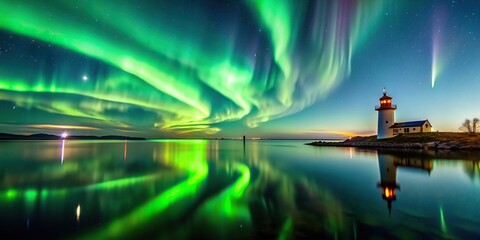 picturesque, magical, natural wonder, landscape, aurora, vibrant, glowing, celestial lights, celestial, green, Arcuate aurora green above the lake with lighthouse Medium Shot
