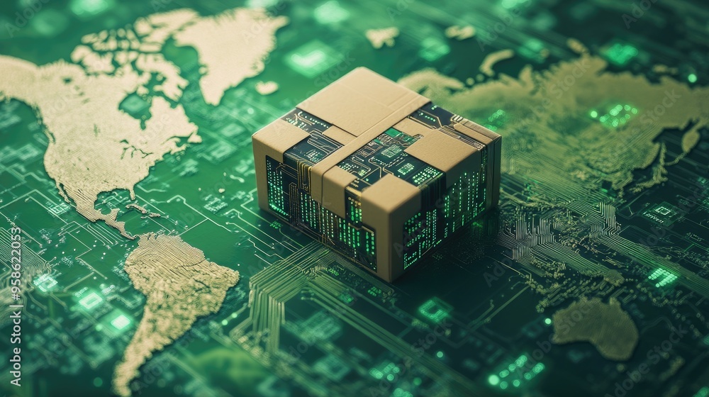 Poster a package with digital circuitry overlay on a world map, symbolizing the integration of technology i