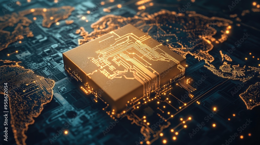 Poster a package with digital circuitry overlay on a world map, symbolizing the integration of technology i