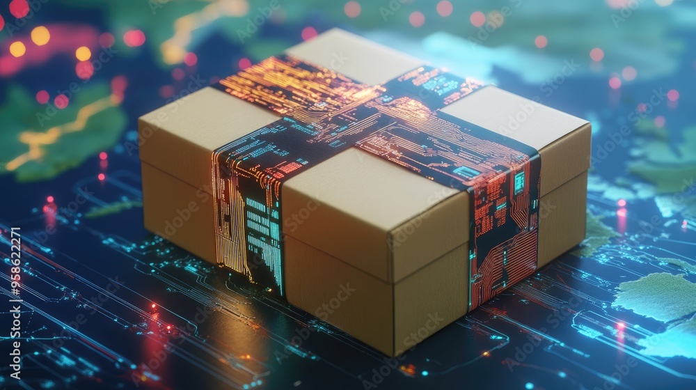 Poster a package with digital circuitry overlay on a world map, symbolizing the integration of technology i