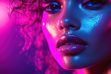 Close-up of a Woman's Face with Blue and Pink Lighting