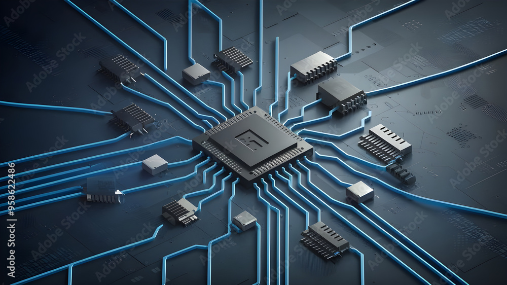 Poster futuristic circuit board with central processor. a captivating image of a complex circuit board, sho