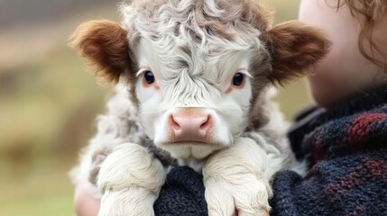 A charming young calf with curly fur and big eyes is being held by a person, highlighting a bond between humans and farm animals in a natural outdoor setting.