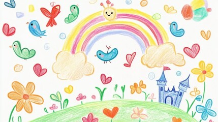 Fototapeta premium A delightful children's drawing featuring a vibrant rainbow, happy birds, flowers, and a castle, illustrating a cheerful and imaginative world filled with joy and whimsy.