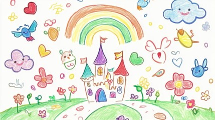 A vibrant and whimsical hand-drawn illustration of a fantasy castle under a rainbow, surrounded by animated hearts, stars, flowers, and friendly animals in a playful scene.