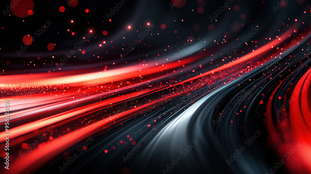 Poster dynamic abstract background featuring red and black fluid light streaks and particle effects. ideal 