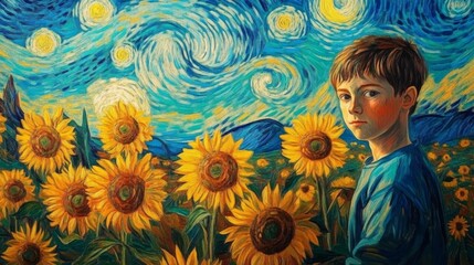 A young boy standing in a vibrant sunflower field under a swirling starry night sky, reminiscent of the distinct artistic style of Van Gogh, exuding a sense of wonder and exploration.