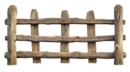Fototapeta premium Rustic wooden fence segment made of weathered, natural wood planks, showcasing a countryside style, isolated on a white background.