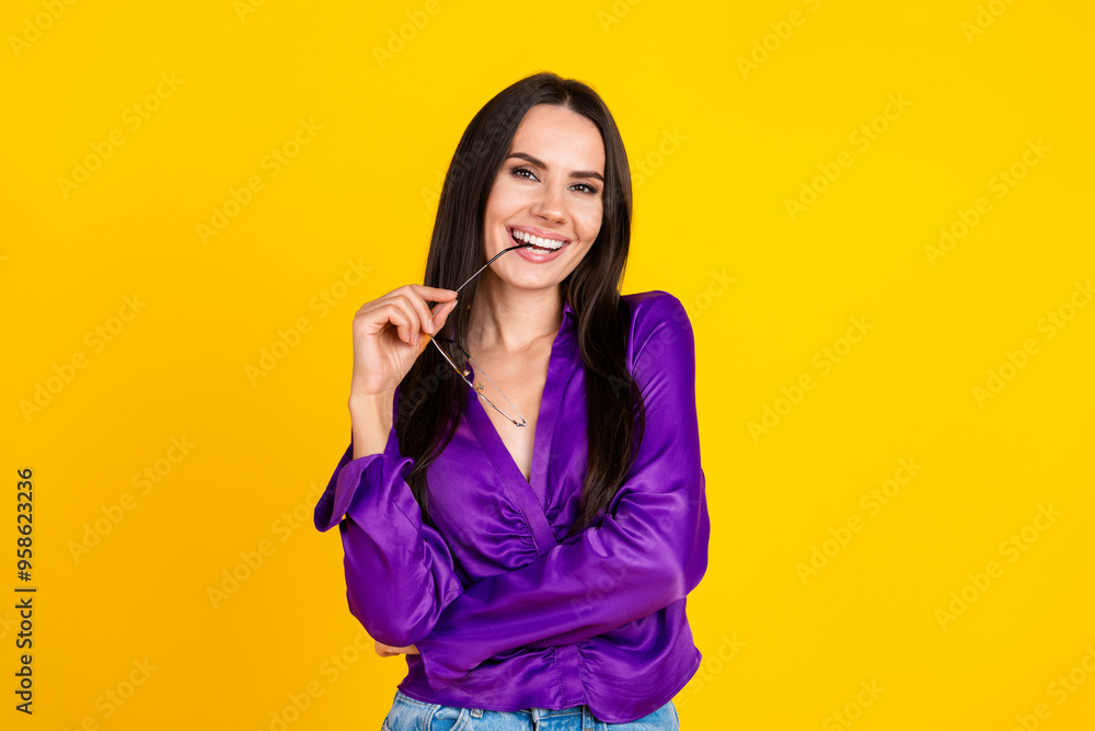 Sticker Photo of positive smiling lady look hold glasses isolated bright color background